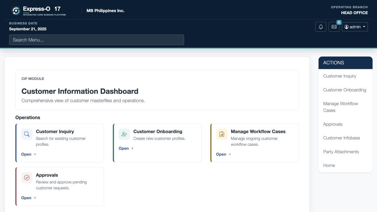Express-O 17 customer workspace with inquiry, onboarding, and approval actions